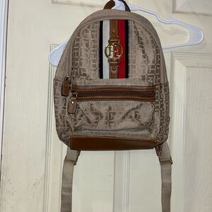 Tommy Hilfiger Beige and Brown Backpack with Red Stripe